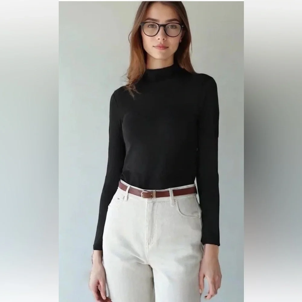 J Crew Factory Black Cotton Ribbed Mockneck Puff Sleeve Top Size XS